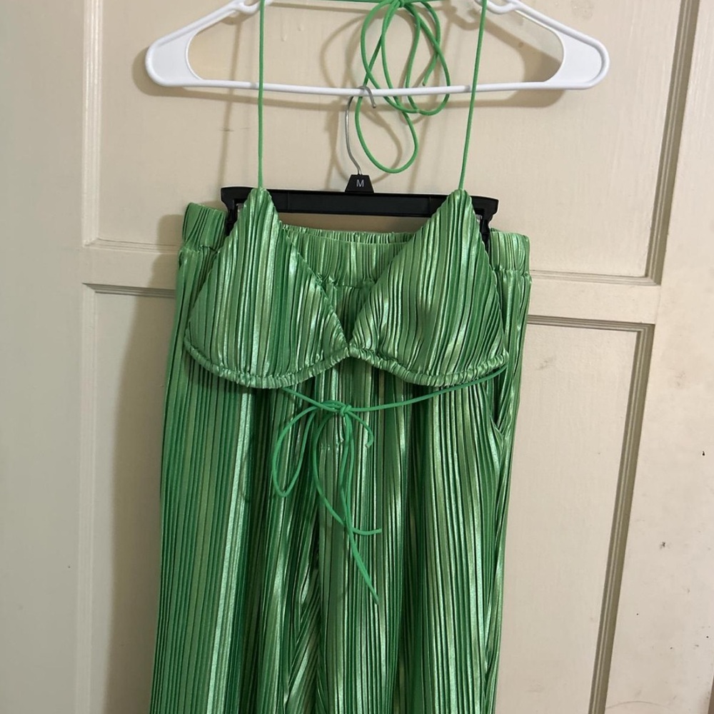 green set with matching bra top and flared bottoms